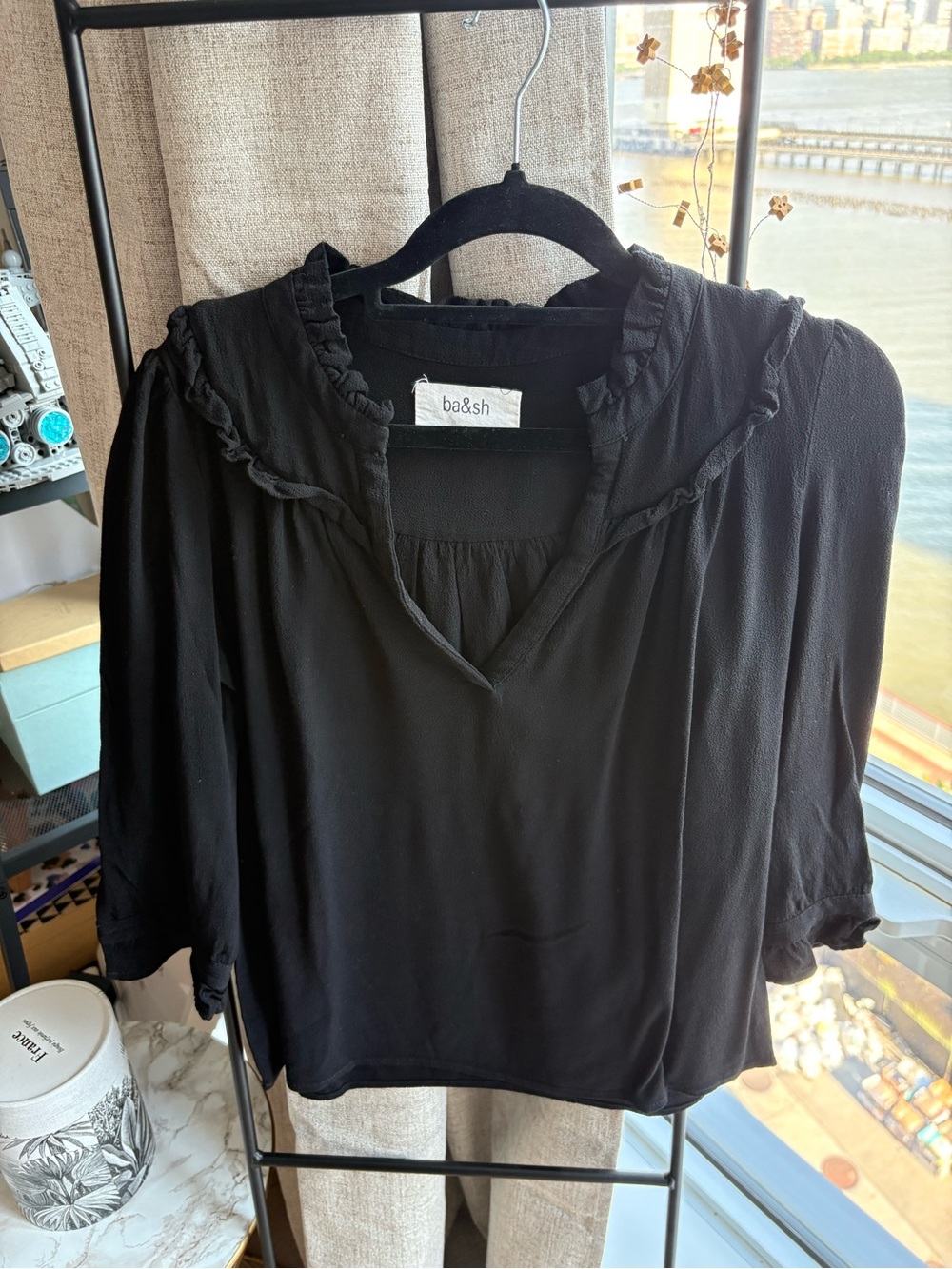 ba&sh Black Ruffle-Trim V-Neck Blouse